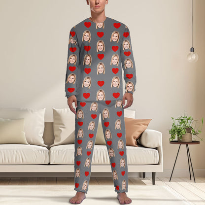 Aangepaste gezicht liefde hart vriendin witte heren pyjama gepersonaliseerde grappige lange mouw nachtkleding voor hem