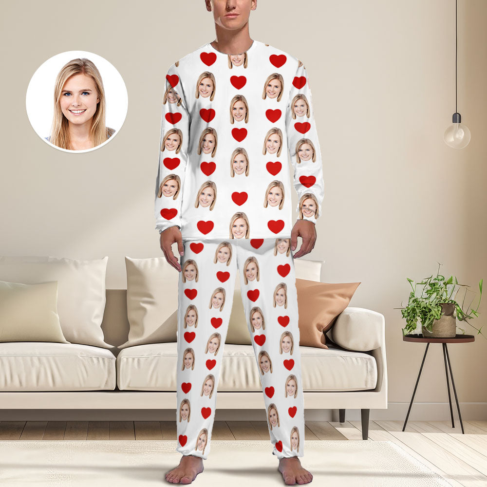 Aangepaste gezicht liefde hart vriendin witte heren pyjama gepersonaliseerde grappige lange mouw nachtkleding voor hem