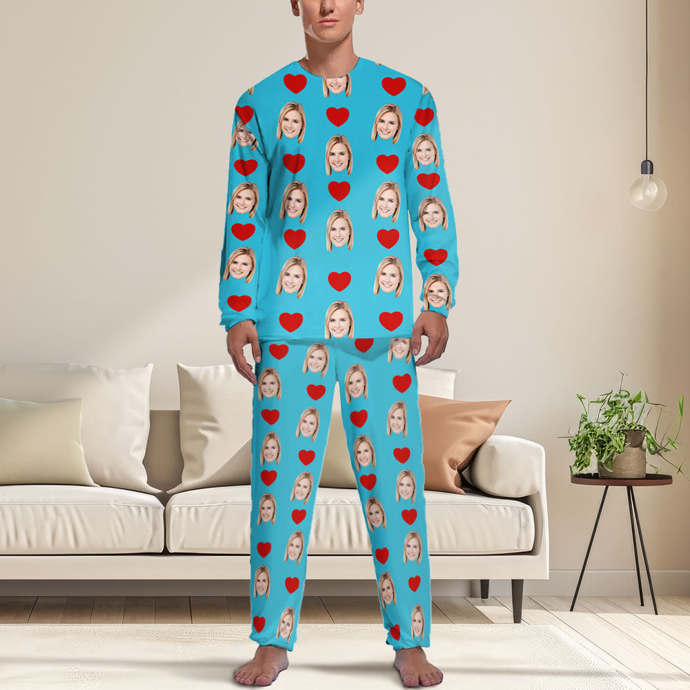 Aangepaste gezicht liefde hart vriendin witte heren pyjama gepersonaliseerde grappige lange mouw nachtkleding voor hem