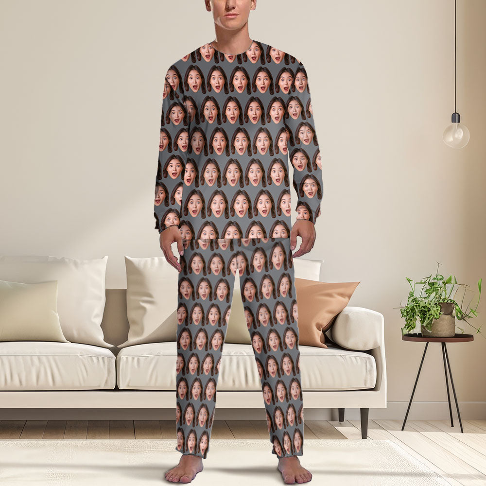 Gepersonaliseerde gezichts-vriendin-pyjama voor heren, gepersonaliseerde herenpyjamaset om te slapen of loungewear voor hem