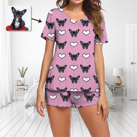 Pyjamaset met aangepaste foto, korte mouw, V-hals, pyjama, damesshort, pyjamaset, nachtkleding, nachtkleding, mooie hond