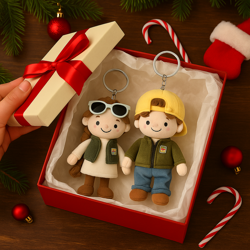 Aangepaste Foto Pluchen Sleutelhanger – Gepersonaliseerd Koppel Cadeau – Perfect voor Valentijnsdag & Kerstmis