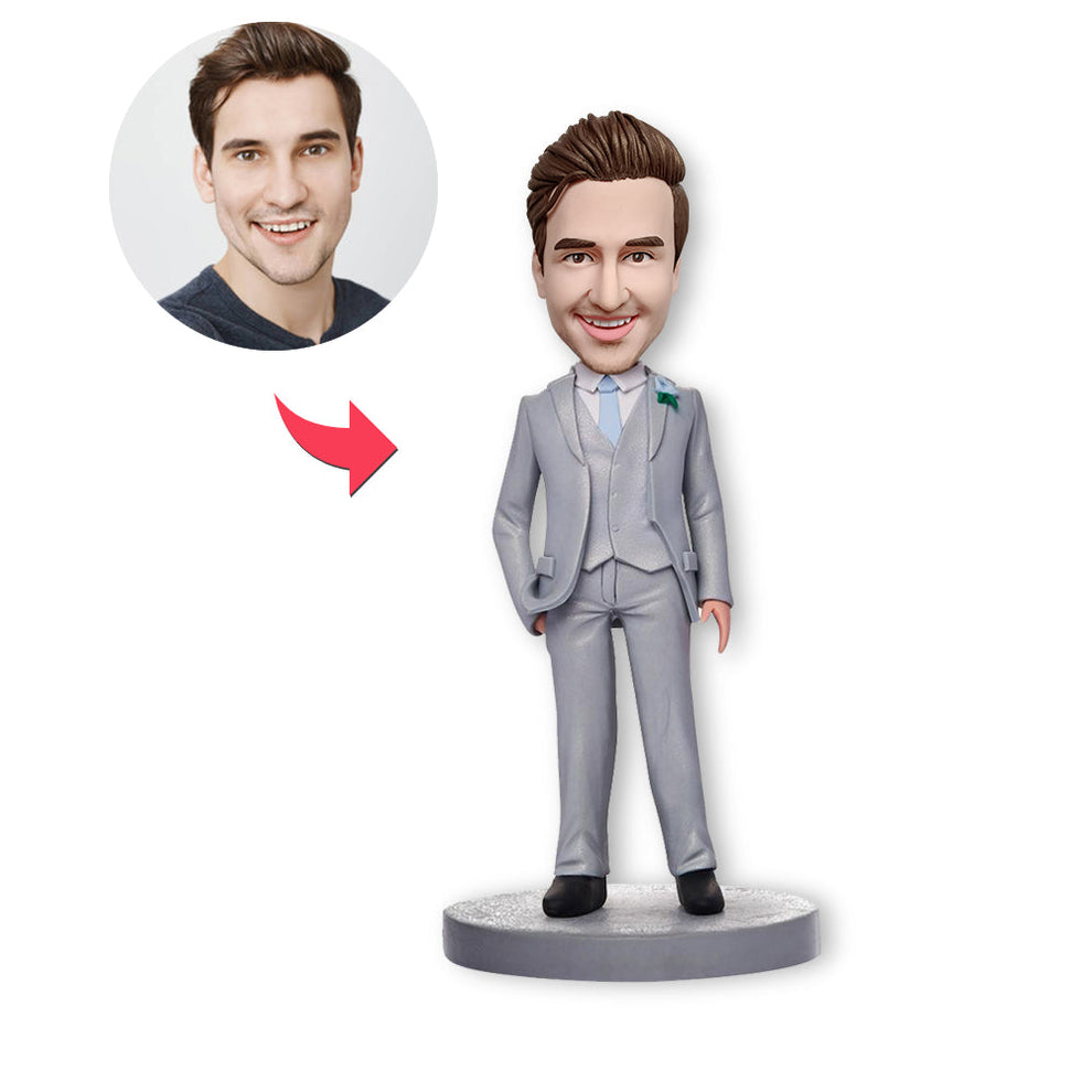 Aangepaste Bobblehead, gepersonaliseerde zakenman in grijs pak met Bobblehead