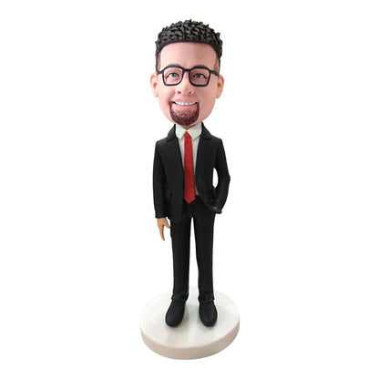 Aangepaste Bobblehead, gepersonaliseerde mannelijke Bobblehead Manager met rode stropdas