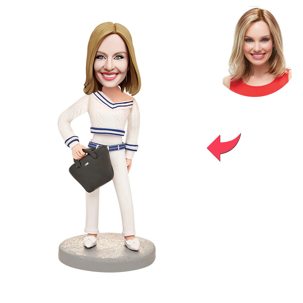 Aangepaste Bobblehead, gepersonaliseerd Bobblehead cadeau voor vrouwen in wit pak