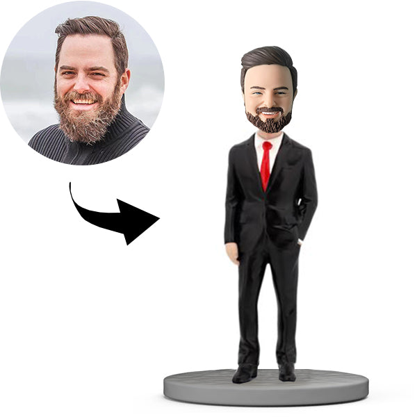 Gepersonaliseerde Bobblehead Boss met zwart pak en rode stropdas - Vaderdagcadeaus