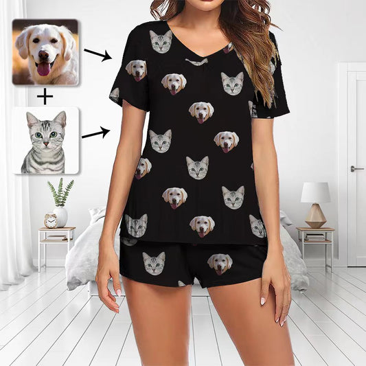 Aangepaste foto pyjama set korte mouw V-hals pyjama dames shorts pyjama set nachtkleding nachtkleding met hond en kat gezicht