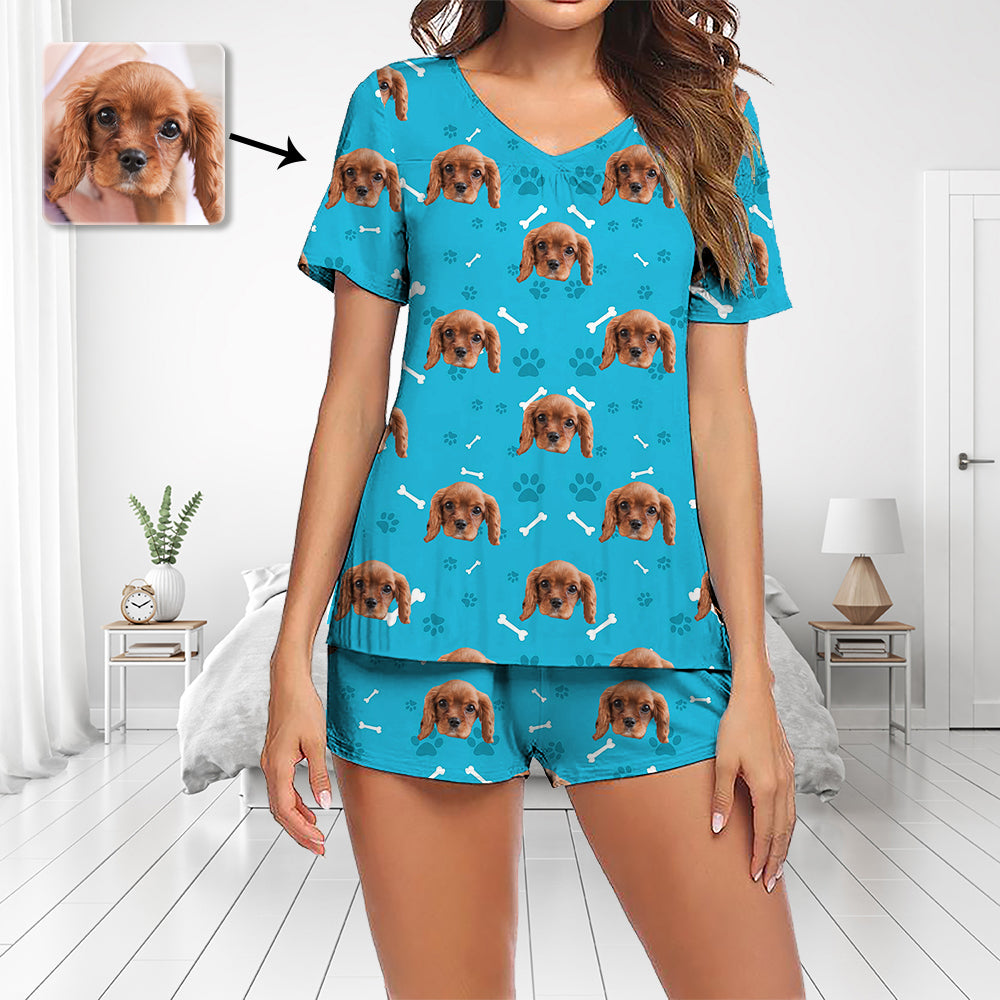 Aangepaste foto pyjama set korte mouw V-hals pyjama dames shorts pyjama set nachtkleding nachtkleding mooie hond voetafdruk