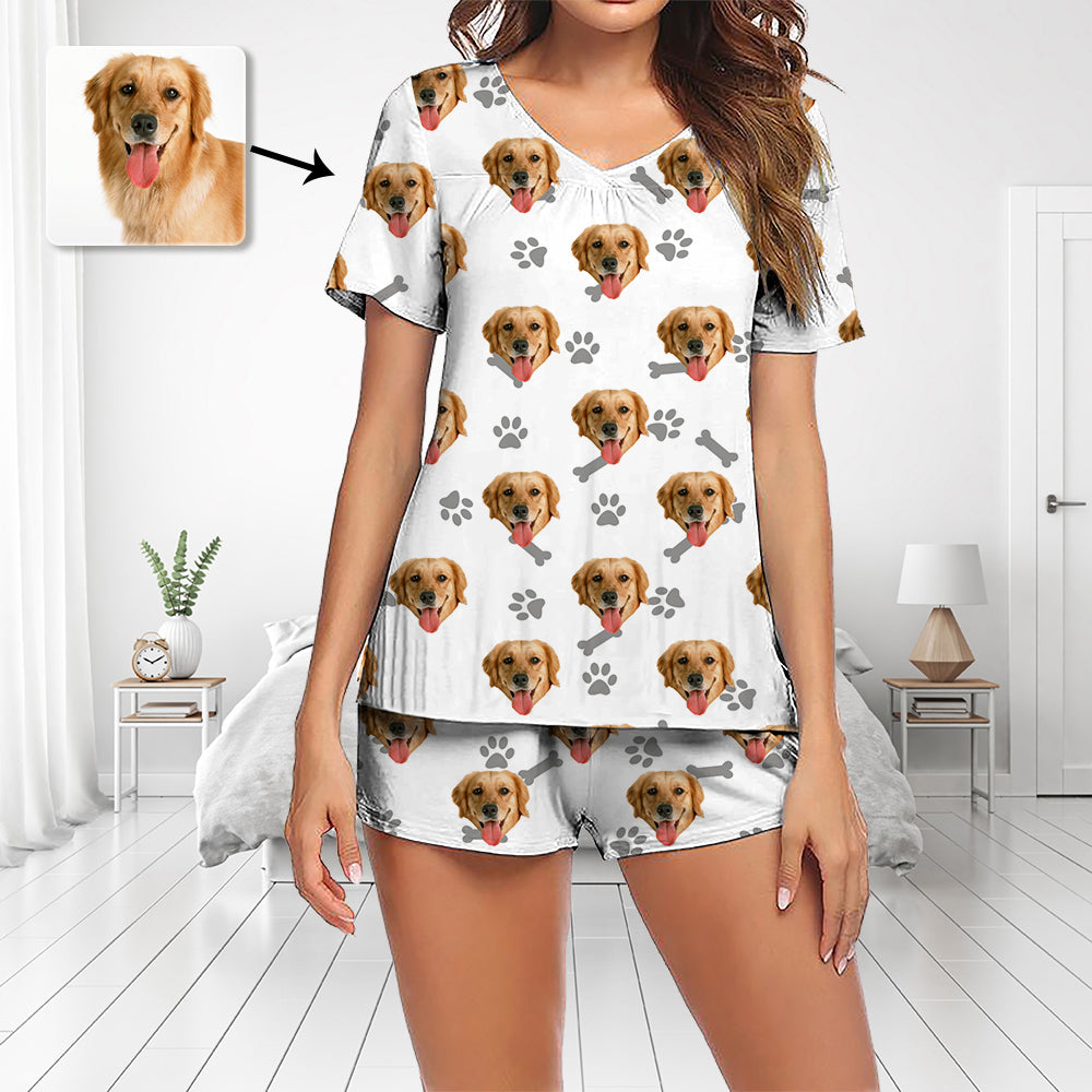 Pyjamaset met aangepaste foto Pyjama met korte mouwen en V-hals Damesshorts Pyjamaset Nachtkleding Nachtkleding Zet het gezicht van de hond op de pyjama