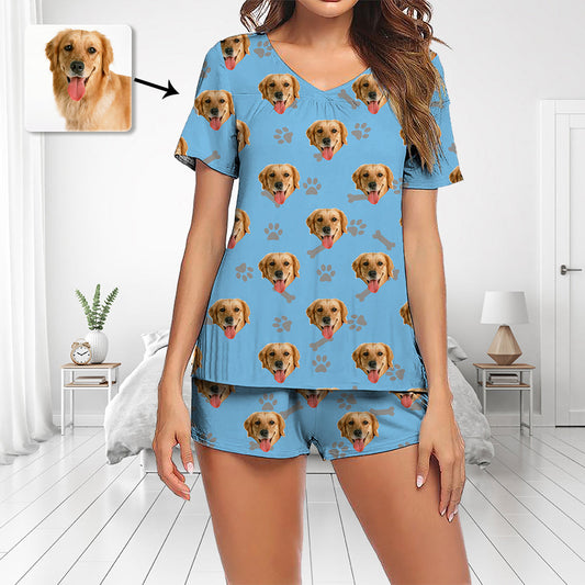 Pyjamaset met aangepaste foto Pyjama met korte mouwen en V-hals Damesshorts Pyjamaset Nachtkleding Nachtkleding Zet het gezicht van de hond op de pyjama