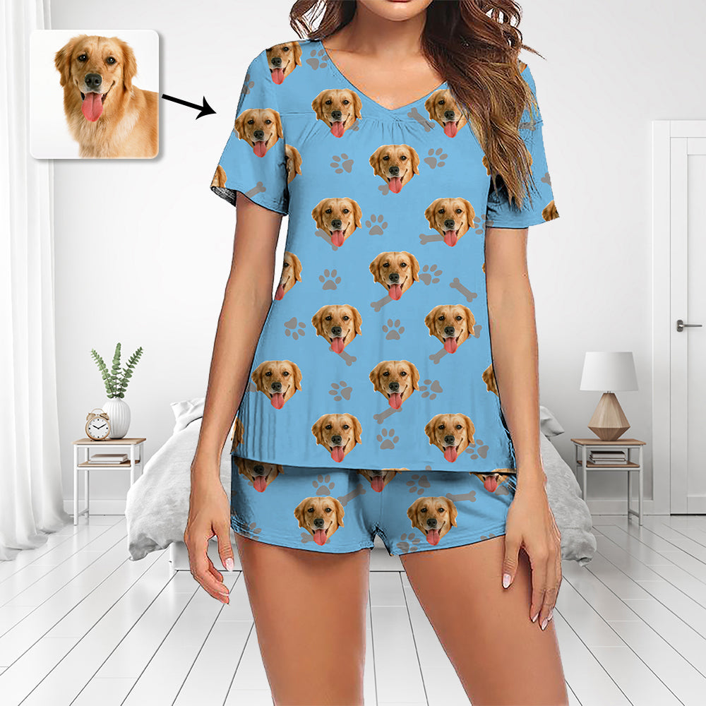 Aangepaste foto pyjama set korte mouw V-hals pyjama dames shorts pyjama set nachtkleding nachtkleding hond voetafdruk met botten