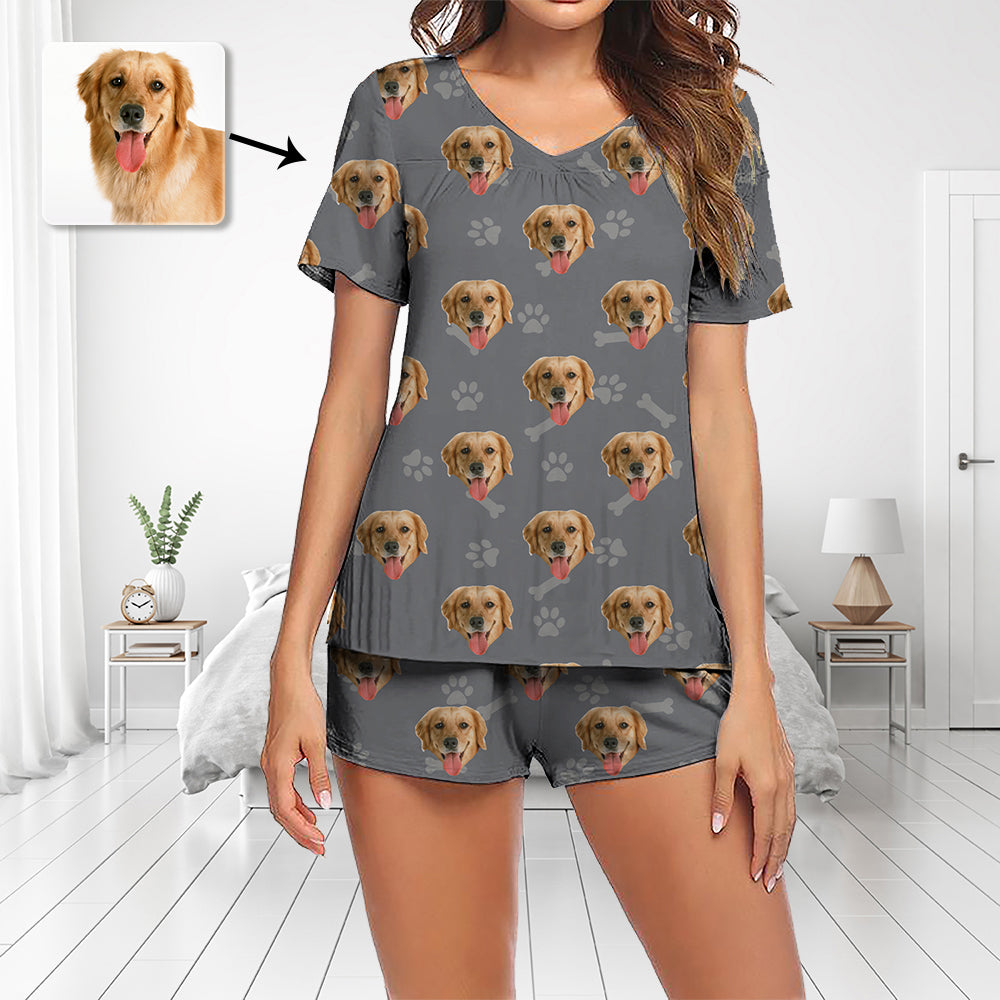 Pyjamaset met aangepaste foto V-hals met korte mouwen Damesshorts Pyjamaset Nachtkleding Nachtkleding Ik hou van mijn hond