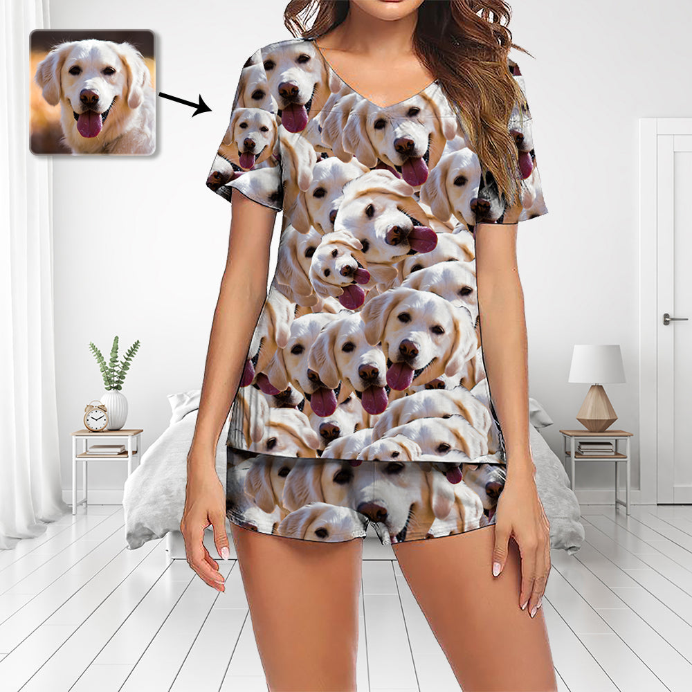 Aangepaste Foto Pyjama Set Korte Mouw V-hals Pyjama Vrouwen Shorts Pyjama Set Nachtkleding Nachtkleding Grappige Hond Gezicht Liefde