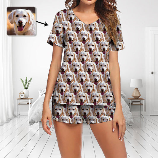 Aangepaste Foto Pyjama Set Korte Mouw V-hals Pyjama Dames Shorts Pyjama Set Nachtkleding Nachtkleding Mash Hond Gezicht