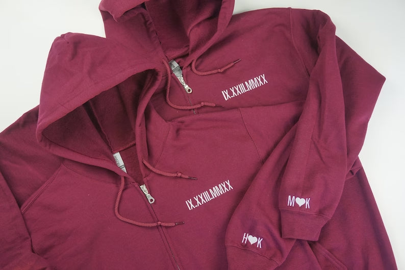 Romeins cijfer jubileum geborduurde hoodie met rits | Geborduurde hoodie | Verjaardagsdatum hoodie