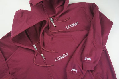 Romeins cijfer jubileum geborduurde hoodie met rits | Geborduurde hoodie | Verjaardagsdatum hoodie