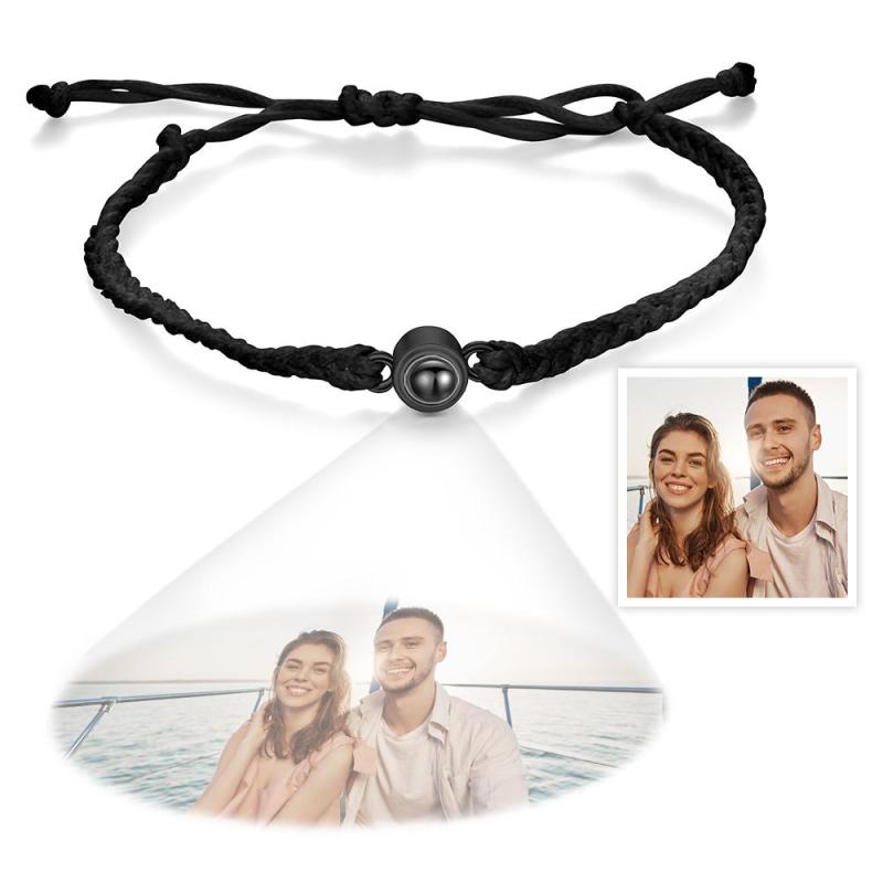 Gepersonaliseerde Fotoprojectie Paar Armband Gevlochten Zwart Touw Armband Cadeau Voor Geliefden