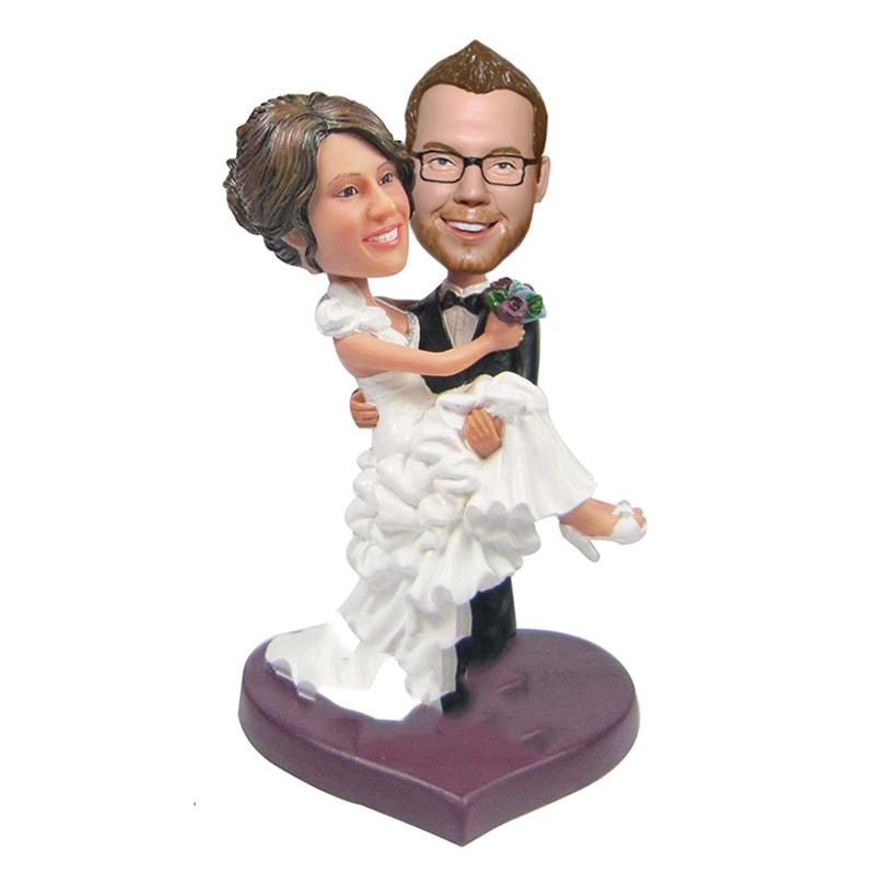 Aangepaste bruidegom Holding bruid bruidstaart Topper met Bobbleheads