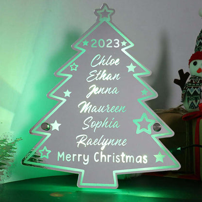 Gepersonaliseerde familienaam kerstboom spiegellicht neonbord met LED-verlichting, aangepaste tekst, veelkleurige gloed, wanddecoratie