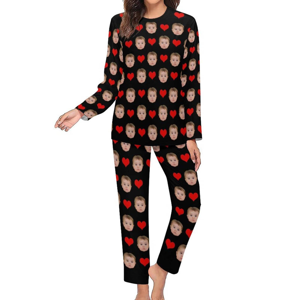 BEKIJK VOLGENDE Zoom Aangepaste babygezichtpyjama Love Heart Nachtkleding Gepersonaliseerde damespyjamaset met ronde hals en lange mouwen