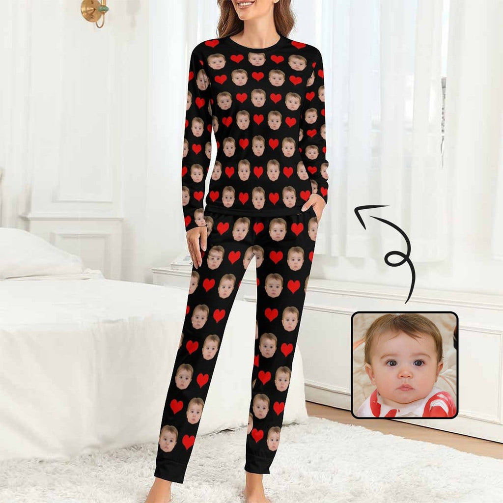 BEKIJK VOLGENDE Zoom Aangepaste babygezichtpyjama Love Heart Nachtkleding Gepersonaliseerde damespyjamaset met ronde hals en lange mouwen