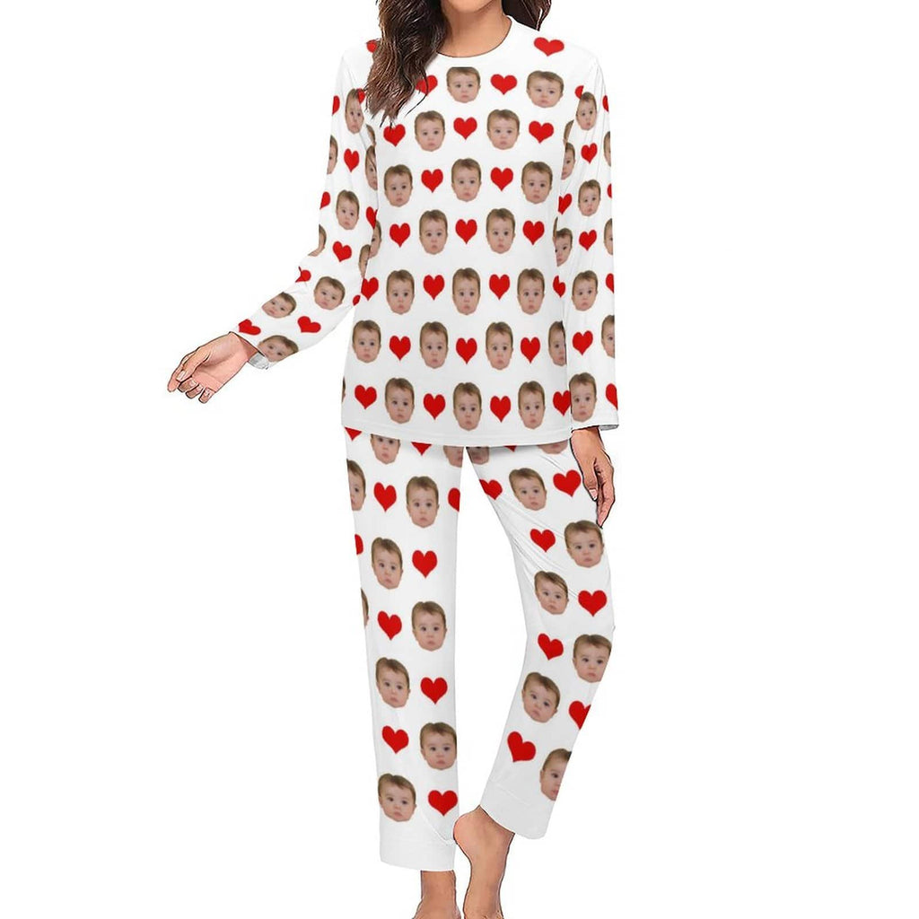 BEKIJK VOLGENDE Zoom Aangepaste babygezichtpyjama Love Heart Nachtkleding Gepersonaliseerde damespyjamaset met ronde hals en lange mouwen