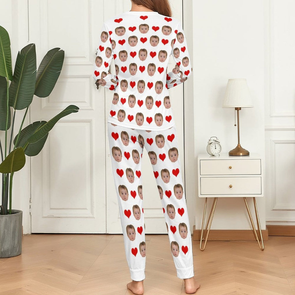 BEKIJK VOLGENDE Zoom Aangepaste babygezichtpyjama Love Heart Nachtkleding Gepersonaliseerde damespyjamaset met ronde hals en lange mouwen