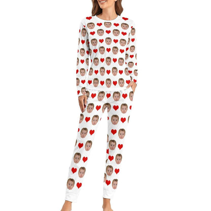 BEKIJK VOLGENDE Zoom Aangepaste babygezichtpyjama Love Heart Nachtkleding Gepersonaliseerde damespyjamaset met ronde hals en lange mouwen