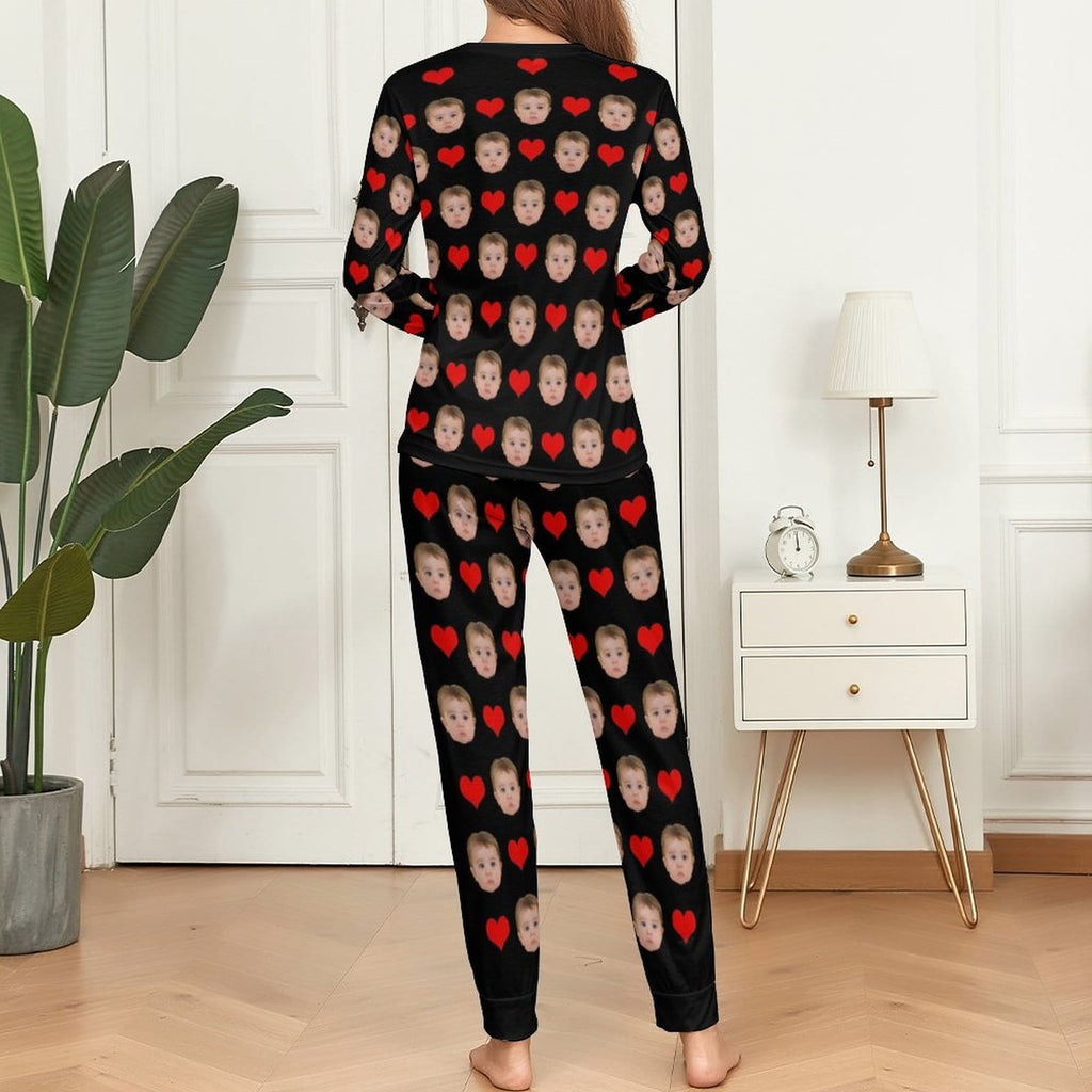 BEKIJK VOLGENDE Zoom Aangepaste babygezichtpyjama Love Heart Nachtkleding Gepersonaliseerde damespyjamaset met ronde hals en lange mouwen