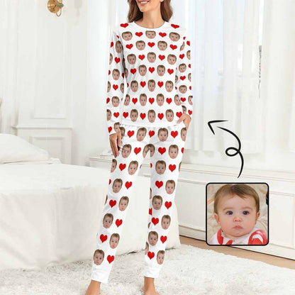 BEKIJK VOLGENDE Zoom Aangepaste babygezichtpyjama Love Heart Nachtkleding Gepersonaliseerde damespyjamaset met ronde hals en lange mouwen