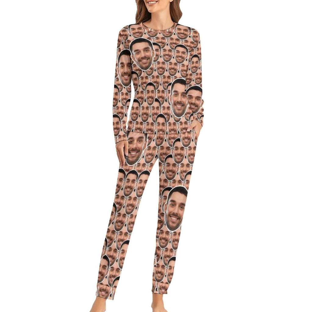 Aangepaste Boyfriend Face naadloze nachtkleding gepersonaliseerde dames lange pyjamaset met ronde hals