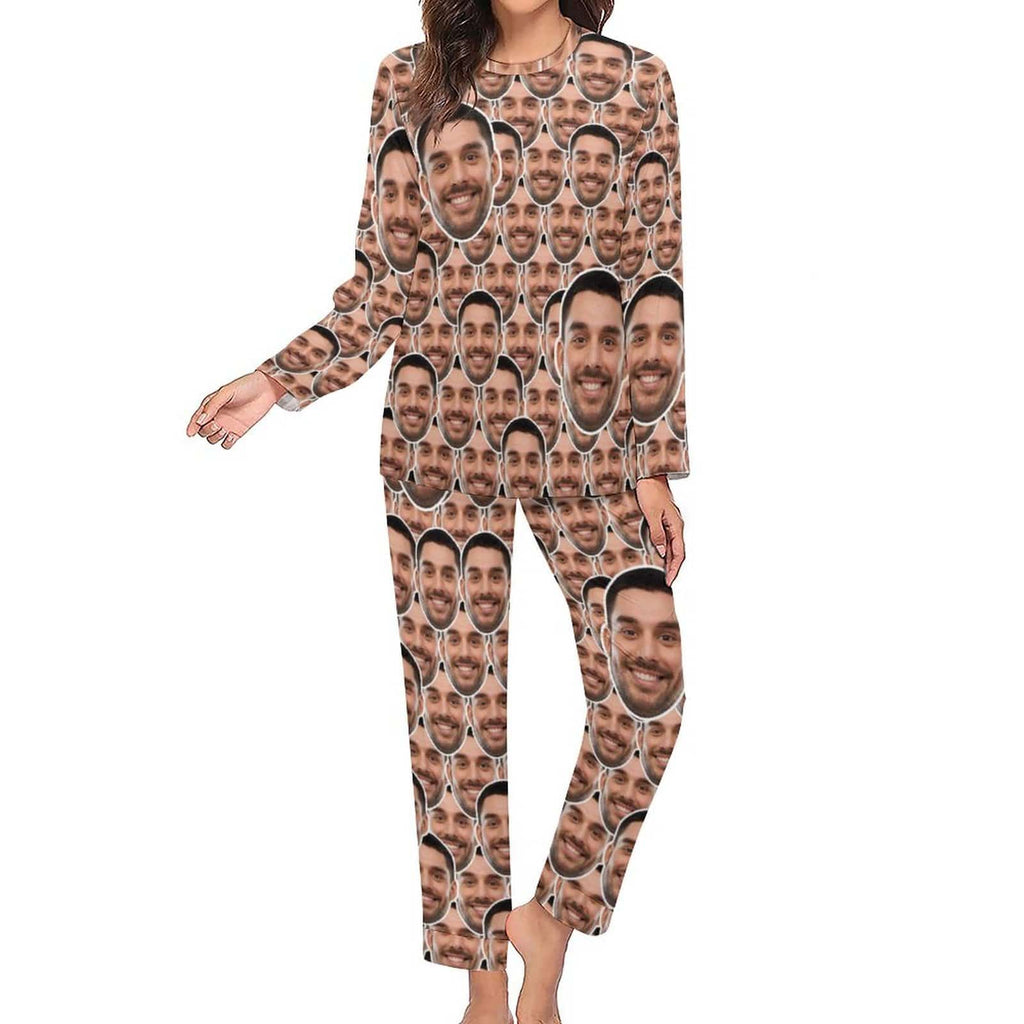 Aangepaste Boyfriend Face naadloze nachtkleding gepersonaliseerde dames lange pyjamaset met ronde hals