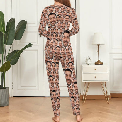 Aangepaste Boyfriend Face naadloze nachtkleding gepersonaliseerde dames lange pyjamaset met ronde hals