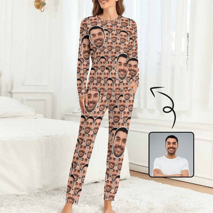 Aangepaste Boyfriend Face naadloze nachtkleding gepersonaliseerde dames lange pyjamaset met ronde hals