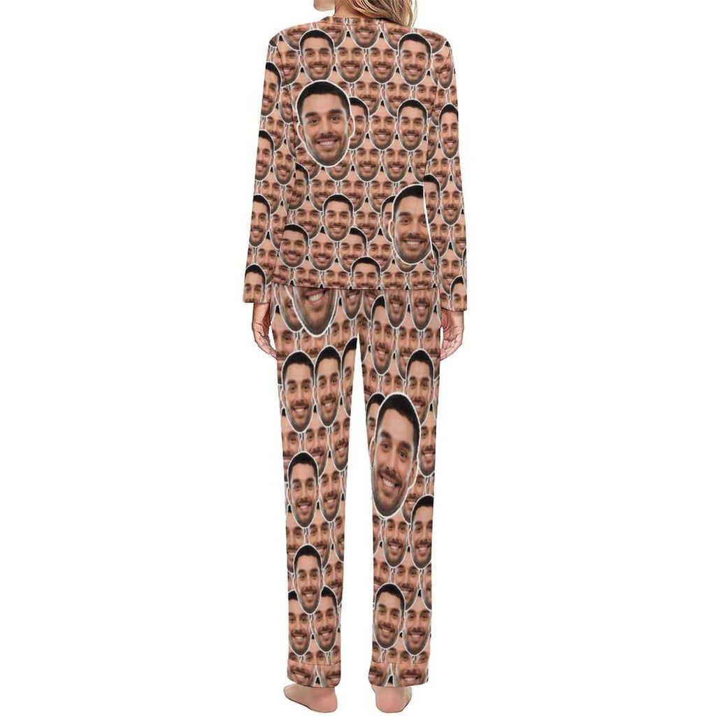 Aangepaste Boyfriend Face naadloze nachtkleding gepersonaliseerde dames lange pyjamaset met ronde hals