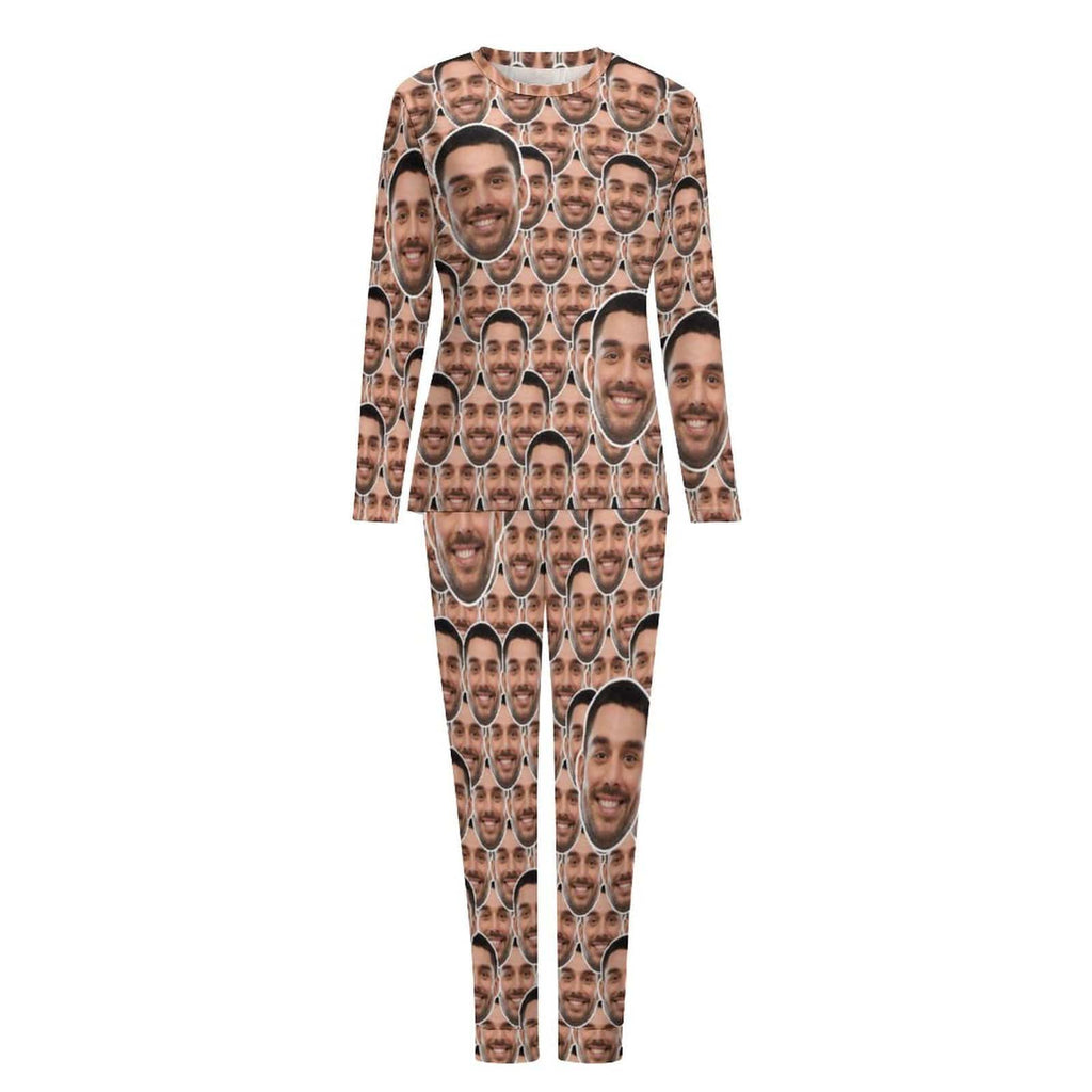 Aangepaste Boyfriend Face naadloze nachtkleding gepersonaliseerde dames lange pyjamaset met ronde hals