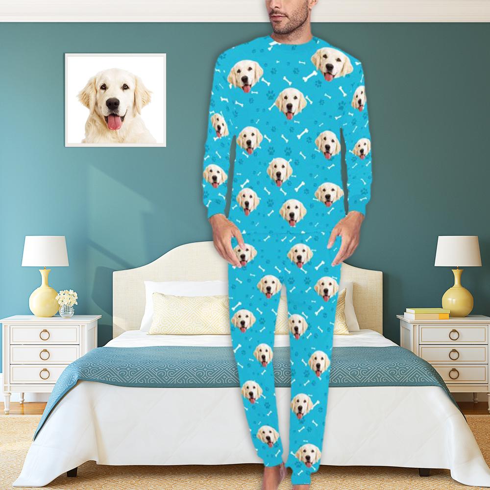 Gepersonaliseerde hondenpyjama, gepersonaliseerd huisdiergezicht, poot en botten, herenpyjamaset met all-over print