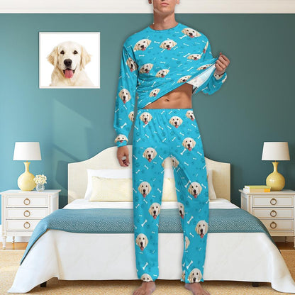 Gepersonaliseerde hondenpyjama, gepersonaliseerd huisdiergezicht, poot en botten, herenpyjamaset met all-over print