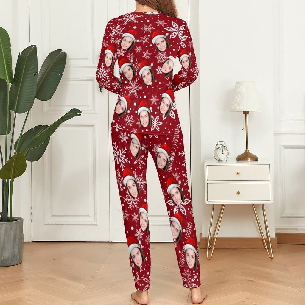 Aangepaste gezicht kerstmuts sneeuwvlok nachtkleding gepersonaliseerde dames lange pyjamaset met ronde hals