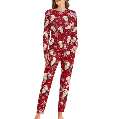 Aangepaste gezicht kerstmuts sneeuwvlok nachtkleding gepersonaliseerde dames lange pyjamaset met ronde hals