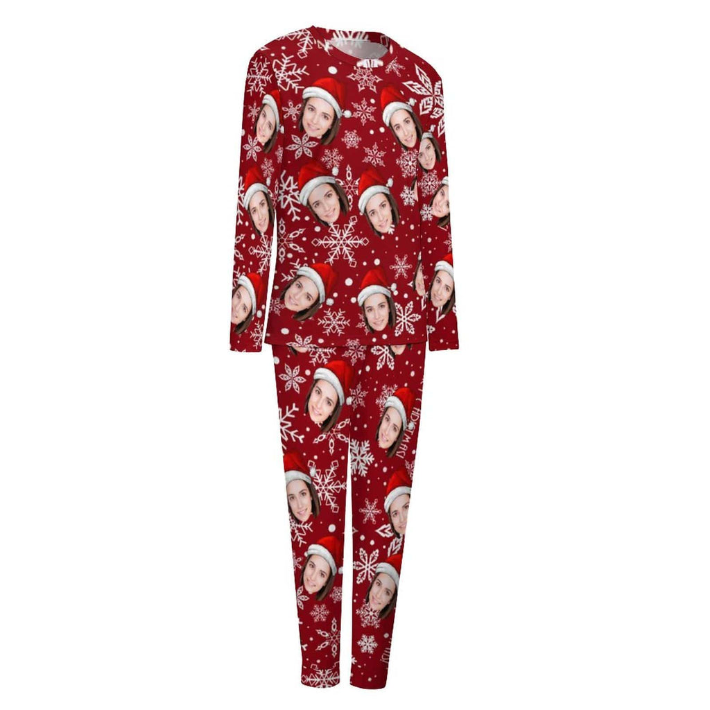 Aangepaste gezicht kerstmuts sneeuwvlok nachtkleding gepersonaliseerde dames lange pyjamaset met ronde hals