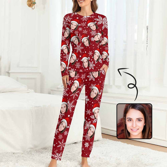 Aangepaste gezicht kerstmuts sneeuwvlok nachtkleding gepersonaliseerde dames lange pyjamaset met ronde hals