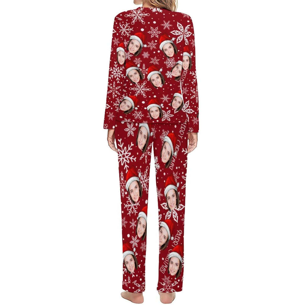 Aangepaste gezicht kerstmuts sneeuwvlok nachtkleding gepersonaliseerde dames lange pyjamaset met ronde hals