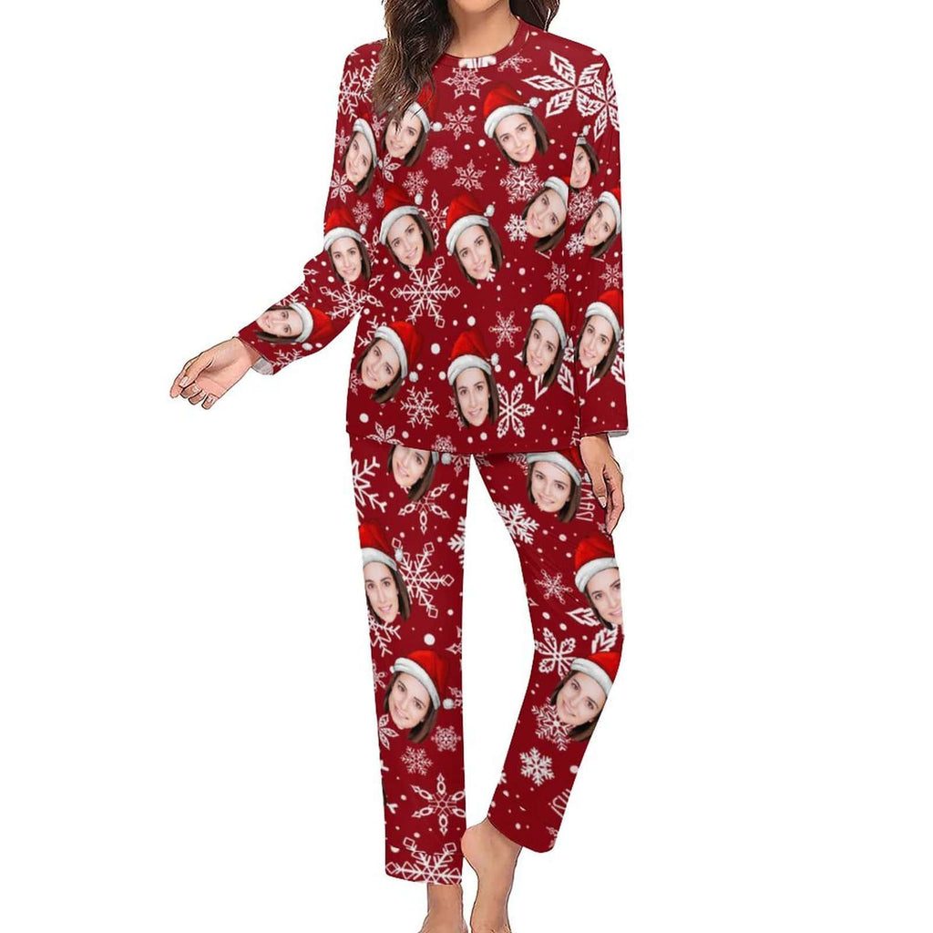 Aangepaste gezicht kerstmuts sneeuwvlok nachtkleding gepersonaliseerde dames lange pyjamaset met ronde hals