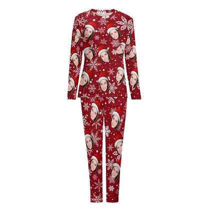 Aangepaste gezicht kerstmuts sneeuwvlok nachtkleding gepersonaliseerde dames lange pyjamaset met ronde hals