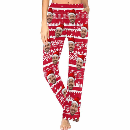 Aangepaste gezicht kerst rode hoed sneeuwvlok nachtkleding gepersonaliseerde vrouwen & mannen pyjama partij lange pyjamabroek