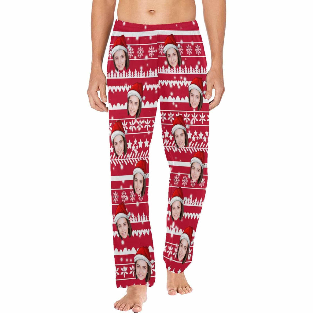 Aangepaste gezicht kerst rode hoed sneeuwvlok nachtkleding gepersonaliseerde vrouwen & mannen pyjama partij lange pyjamabroek