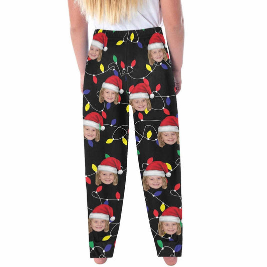Aangepaste gezicht gekleurde gloeilampen Kerstmis Red Hat nachtkleding gepersonaliseerde dames- en herenpyjamafeest lange pyjamabroek