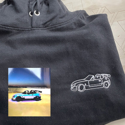 Op maat gemaakt borduurwerk met autoportret op t-shirt, bijpassende hoodie met aangepast autoportret