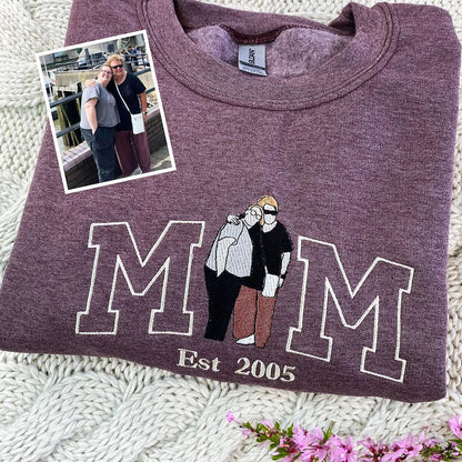 Aangepaste Mama Sweatshirt, Foto Hoodie, Geborduurd Mama En Kinderportret, Varsity Shirt, Gepersonaliseerd Borduurshirt Voor Mama